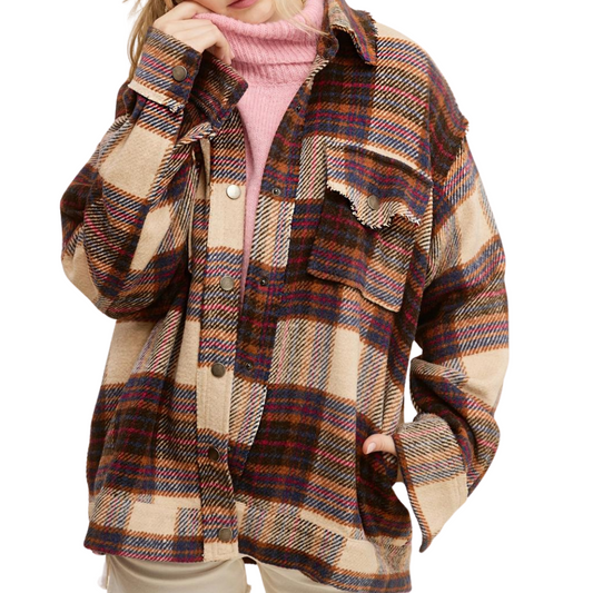 Cocoa Brown Red Plaid Long Sleeve Button Front Shacket Shirt with Raw Edge Detail