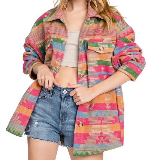 Colorful Aztec Hot Pink Green Mustard Blue Button Front Shacket Shirt