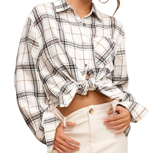 Classic Plaid Off White Black Brown Long Sleeve Button Front Soft Cotton Shirt