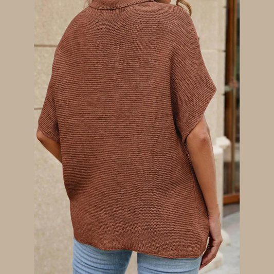 Dolman Short Sleeve High Neck Brown Sweater