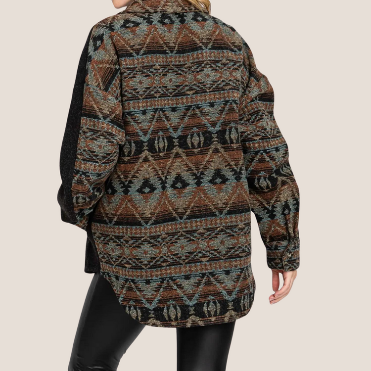 Black Gray Brown Aztec Contrast Long Sleeve Button Front Shacket Shirt