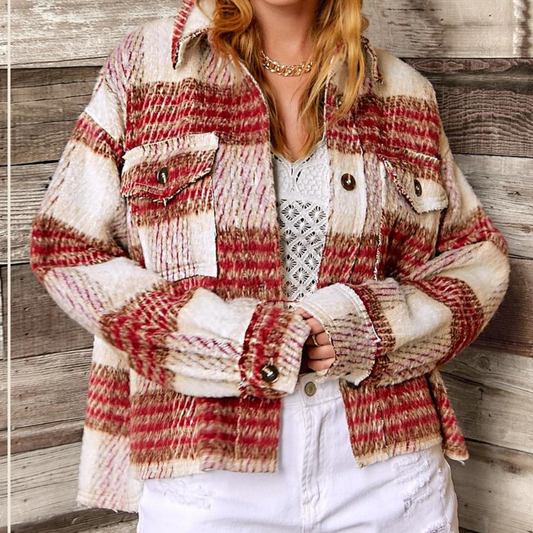 Cream Red Brown Plaid High Low Shacket Jacket