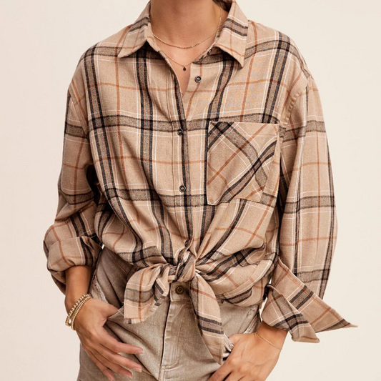 Classic Plaid Off Tan Black Rust Long Sleeve Button Front Soft Cotton Shirt