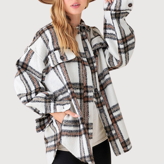 Soft Brushed Off White Brown Black Plaid Long Sleeve Button Front Shacket Shirt