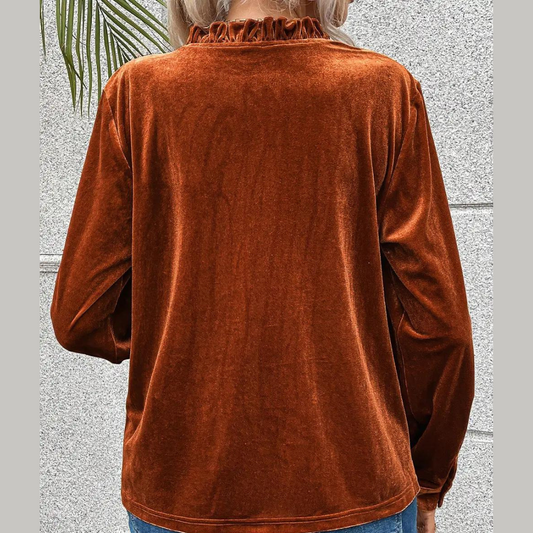 Burnt Orange Rust Velvet Frilled Neck V Neck Top