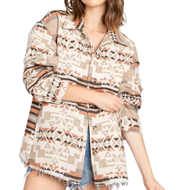 Aztec Ivory Rust Taupe Mocha Long Sleeve Button Front Shacket Shirt with Raw Bottom Edge