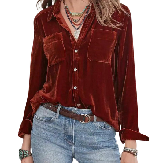 Brick Red Button Front Long Sleeve Collared Neck Velvet Shirt Top