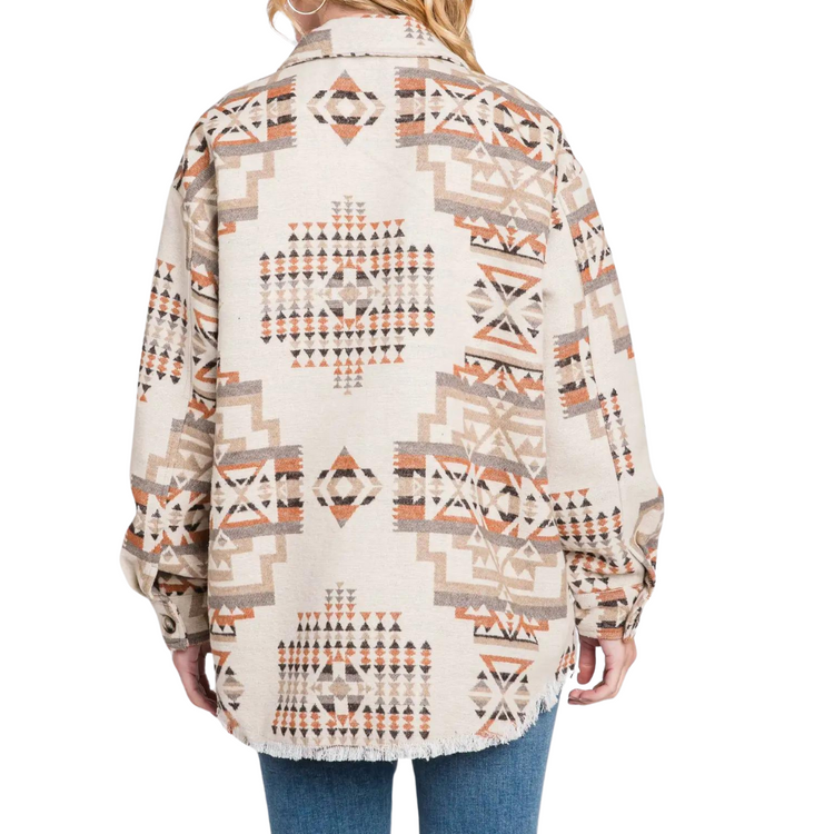 Aztec Bone Rust Brown Tan Long Sleeve Button Front Shacket Shirt with Raw Bottom Edge