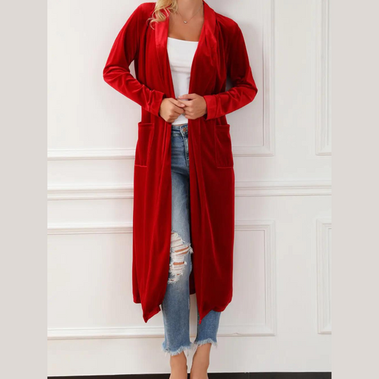 Red Velvet Long Open Front Collared Duster Jacket