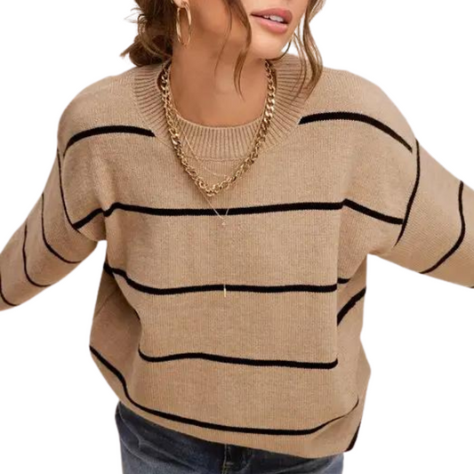 Loose Fit Tan with Black Stripe Long Sleeve Sweater