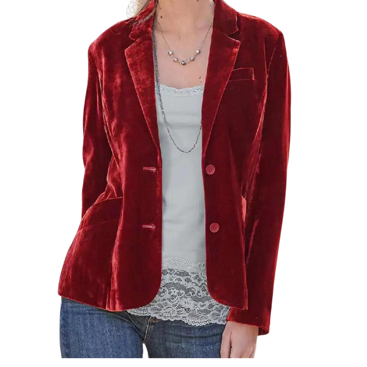 Red Collared Neck Classic Velvet Blazer Jacket