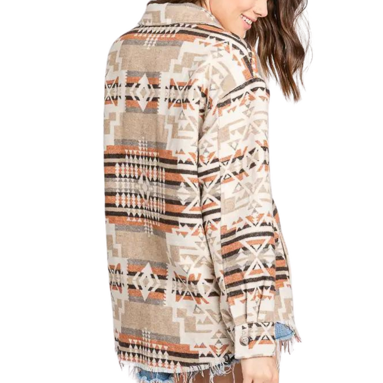 Aztec Ivory Rust Taupe Mocha Long Sleeve Button Front Shacket Shirt with Raw Bottom Edge