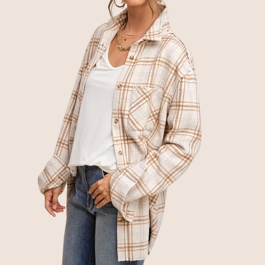 Tan Cream Plaid Long Sleeve Button Front Shacket Shirt with Raw Edge Detail