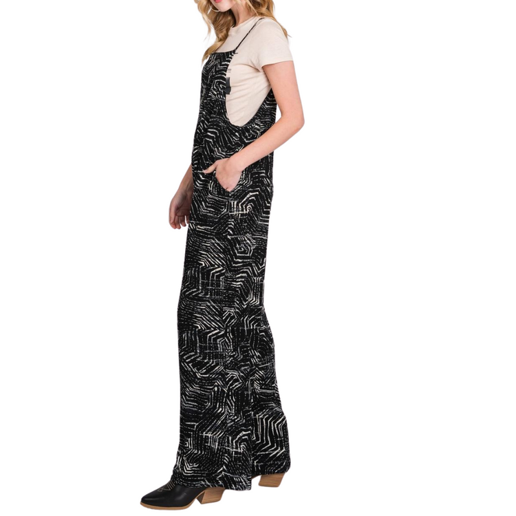 Black and White Printed Jumpsuit with Adjustable Straps