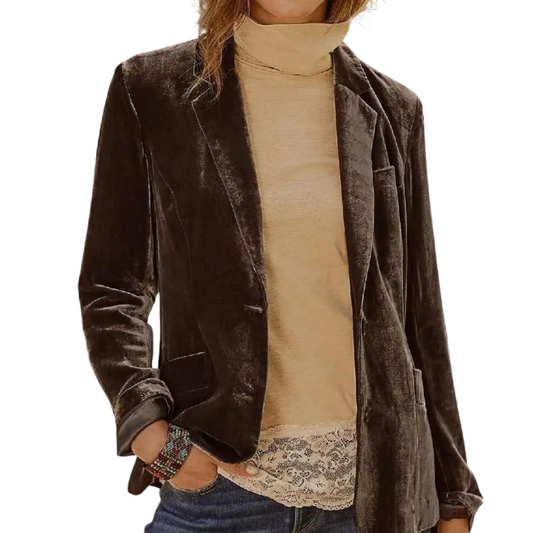 Brown Collared Neck Classic Velvet Blazer Jacket