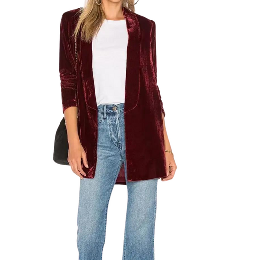 Dark Red Velvet Solid Open Front Lightweight Blazer Jacket