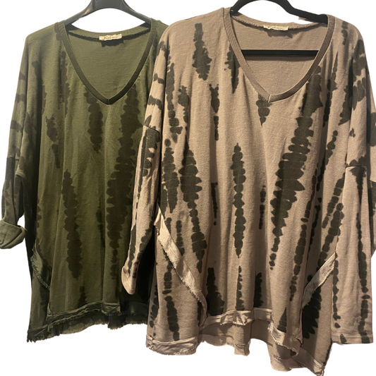 Italian Tan & Black or Green & Black Vertical Tie Dye V Neck Thin Sweater