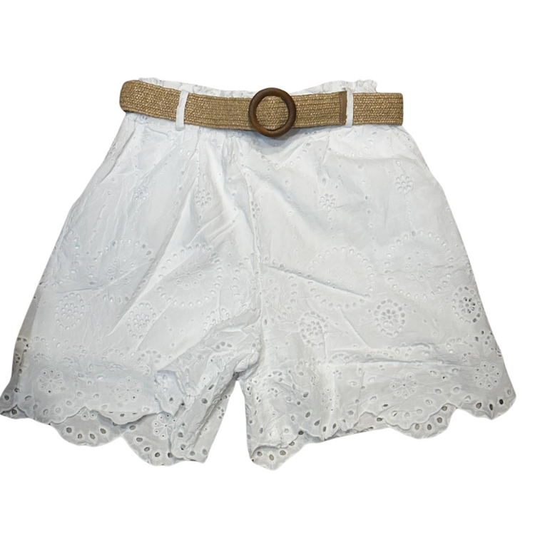 Italian Eyelet Belted Shorts with Scalloped Hem