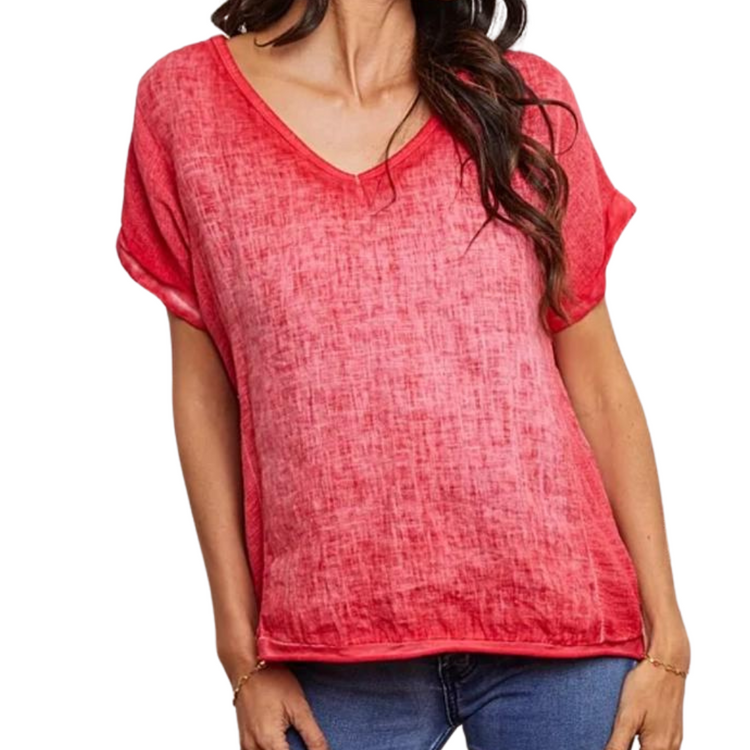 Italian Linen & Gauze V Neck Pullover Short Sleeve Top