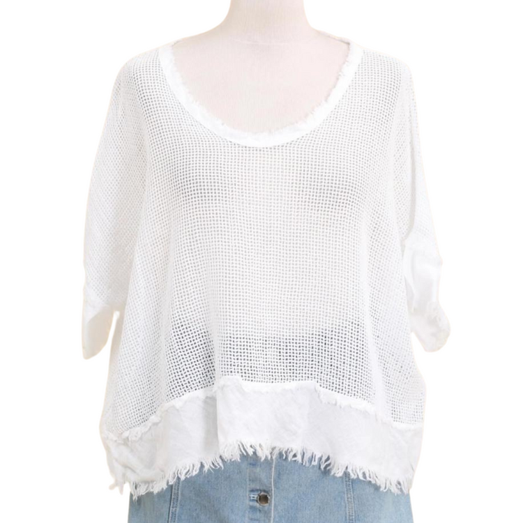 Italian Sheer Open Weave Linen & Cotton Deep Scoop Neck Pullover Short Sleeve Top