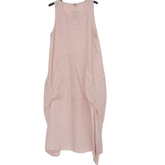 Italian Linen Boho Sleeveless Long Dress with Baggy Asymmetrical Pockets