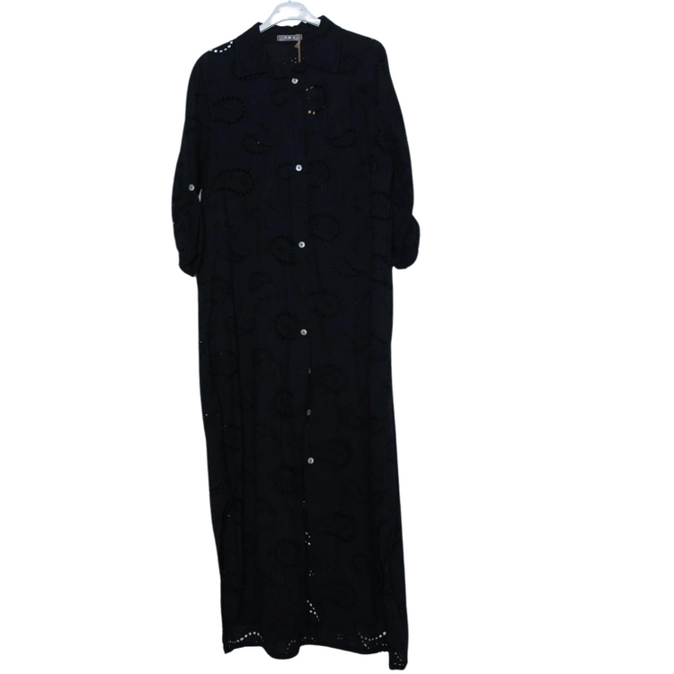 Italian Long Button Front Eyelet Paisley Shirt Dress