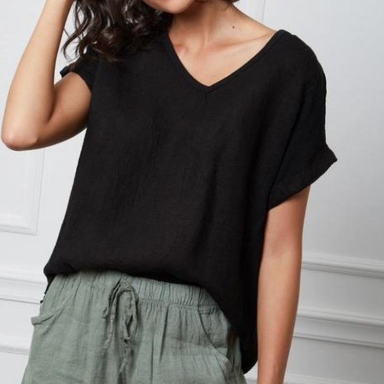 Italian Linen & Gauze V Neck Pullover Short Sleeve Top