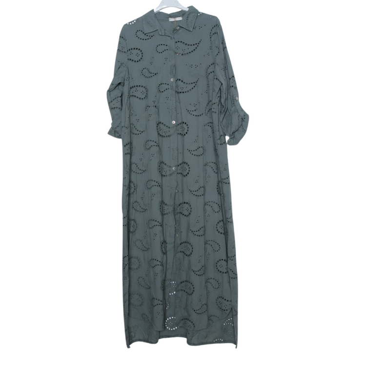 Italian Long Button Front Eyelet Paisley Shirt Dress