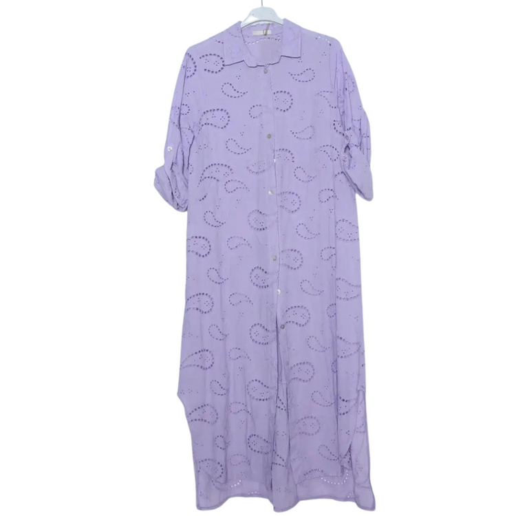 Italian Long Button Front Eyelet Paisley Shirt Dress