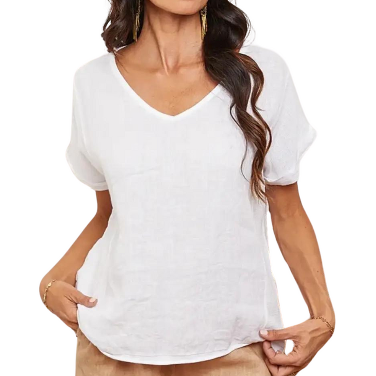 Italian Linen & Gauze V Neck Pullover Short Sleeve Top