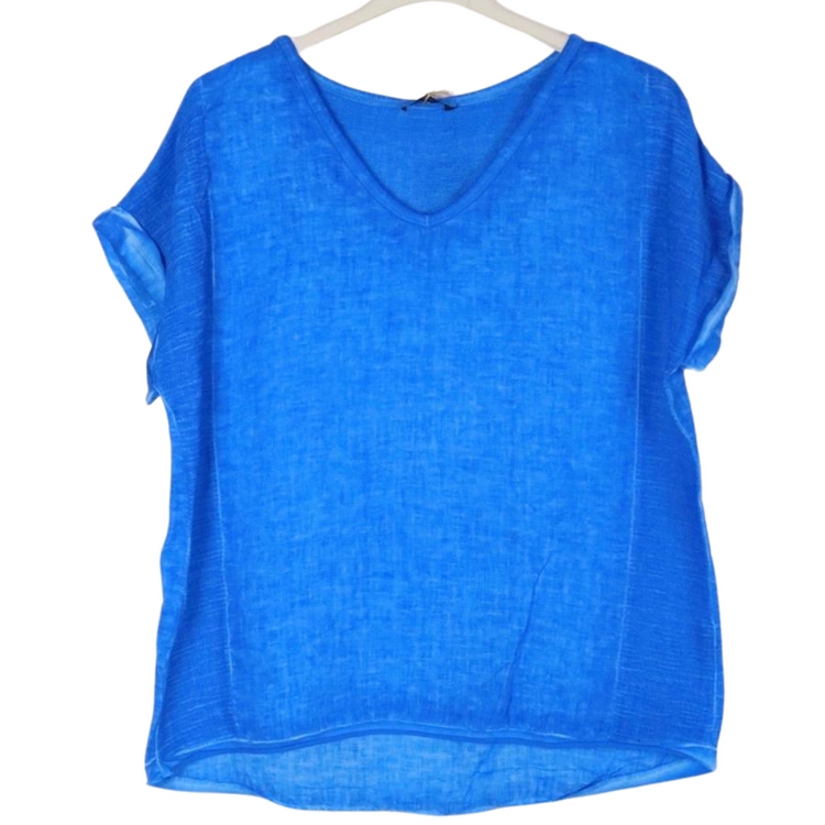 Italian Linen & Gauze V Neck Pullover Short Sleeve Top