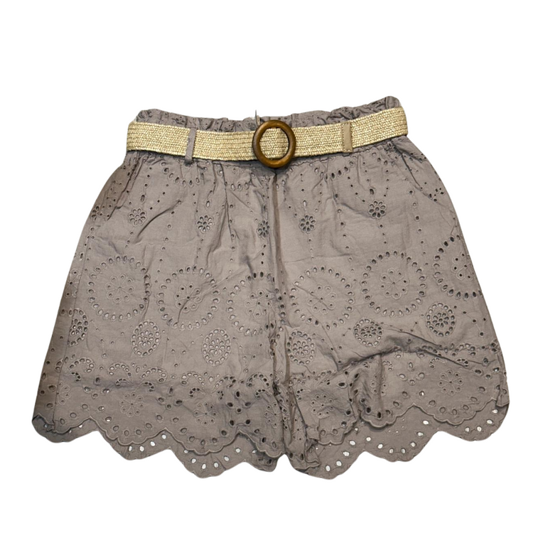 Italian Eyelet Belted Shorts with Scalloped Hem