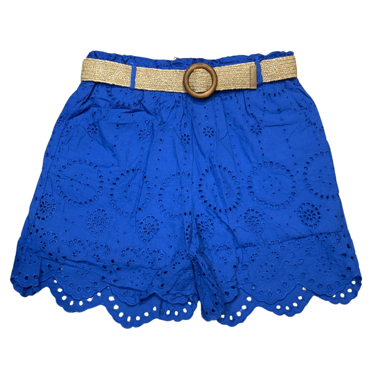 Italian Eyelet Belted Shorts with Scalloped Hem