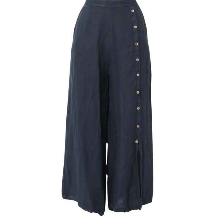 Italian Linen Flowy Wide Leg Pants with Left Leg Buttons