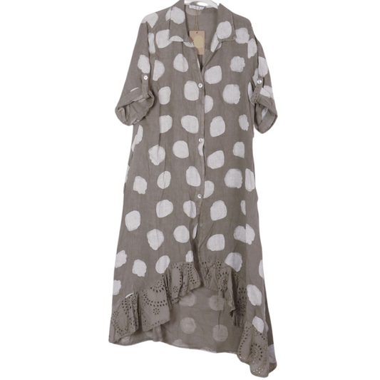 Italian Long High Low Ruffled Button Front Polka Dot Shirt Dress