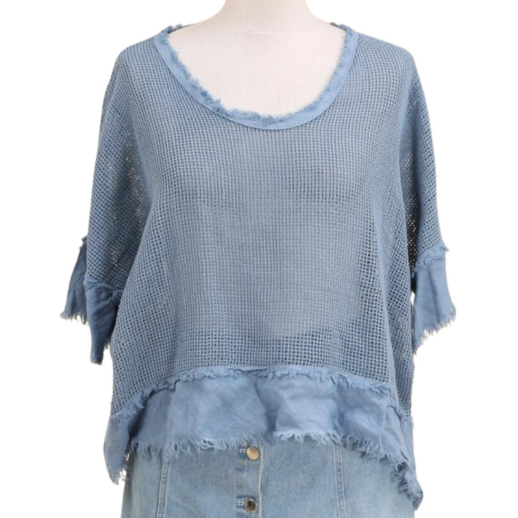 Italian Sheer Open Weave Linen & Cotton Deep Scoop Neck Pullover Short Sleeve Top