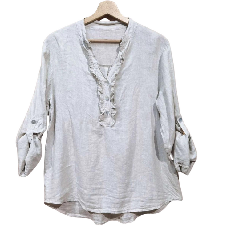 Italian Linen Ruffle V Neck Top Button Pullover Top with Button Tab Long Sleeves