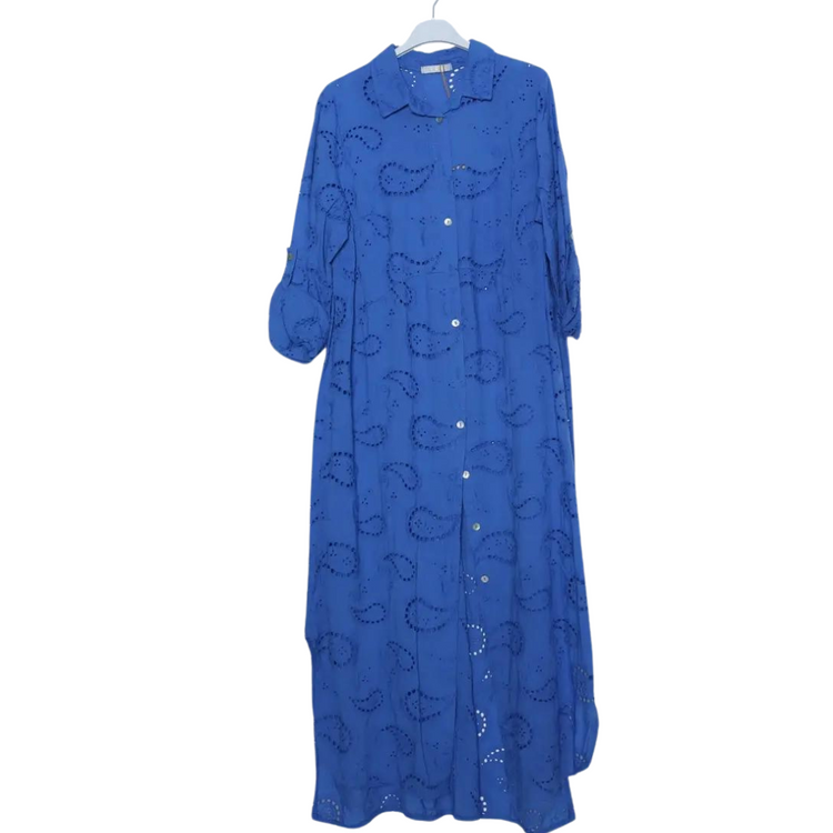 Italian Long Button Front Eyelet Paisley Shirt Dress