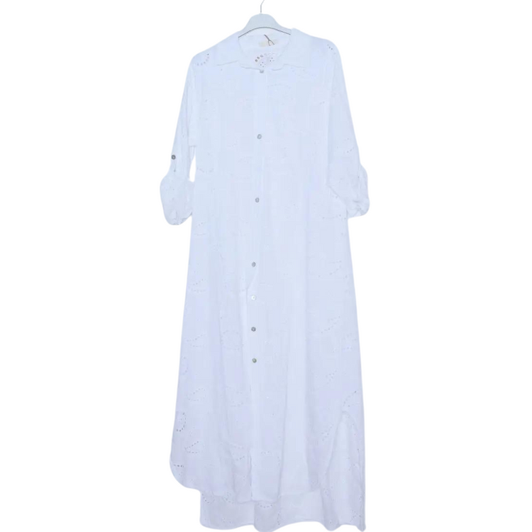 Italian Long Button Front Eyelet Paisley Shirt Dress