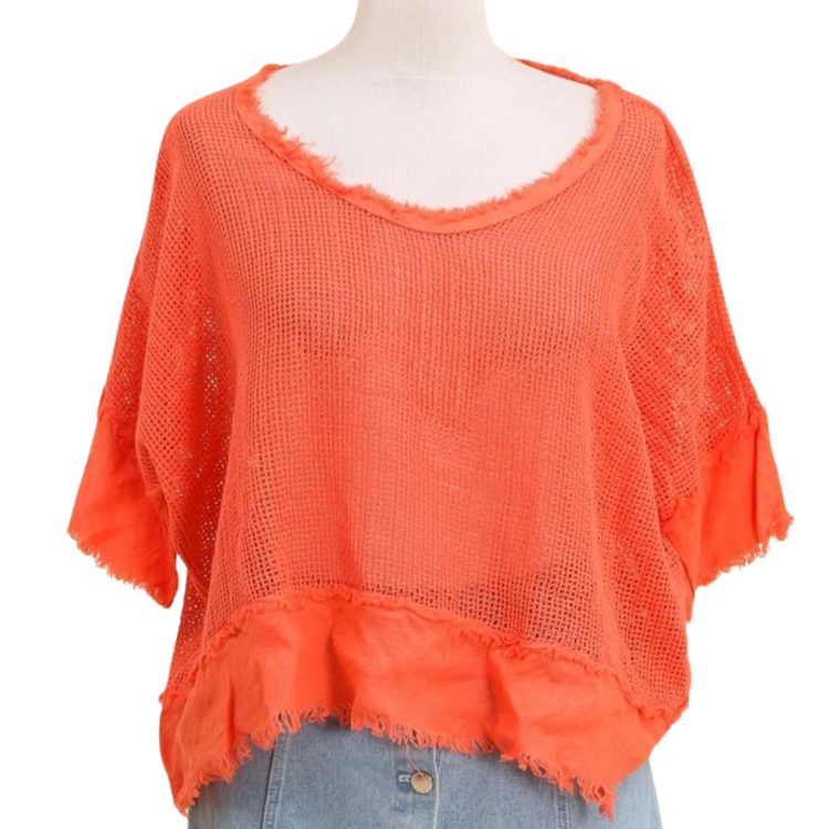 Italian Sheer Open Weave Linen & Cotton Deep Scoop Neck Pullover Short Sleeve Top