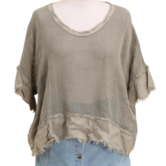 Italian Sheer Open Weave Linen & Cotton Deep Scoop Neck Pullover Short Sleeve Top