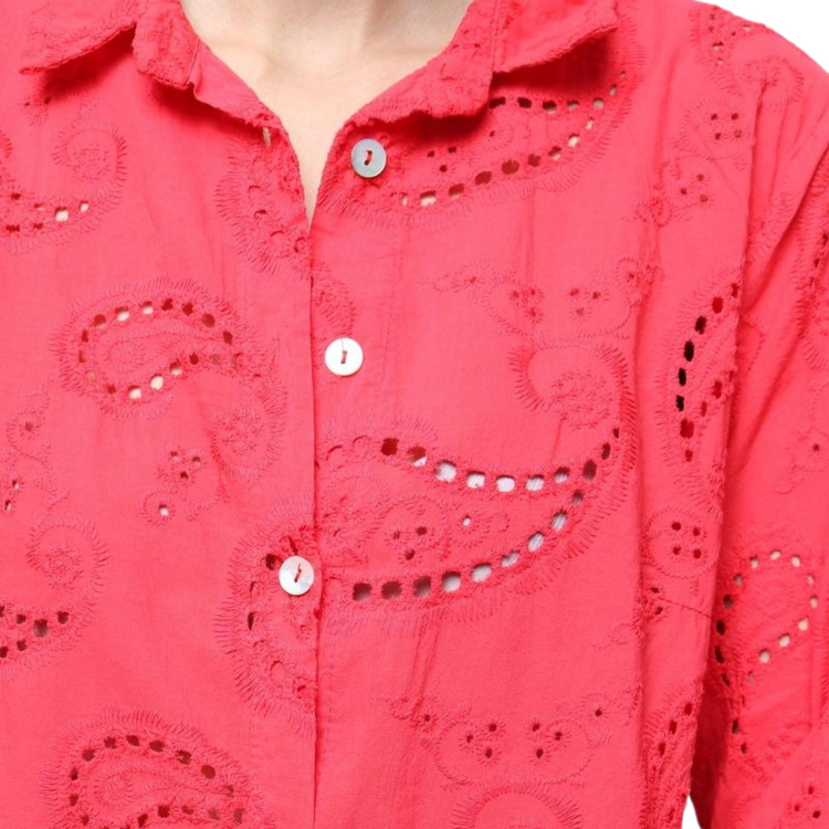 Italian Long Button Front Eyelet Paisley Shirt Dress