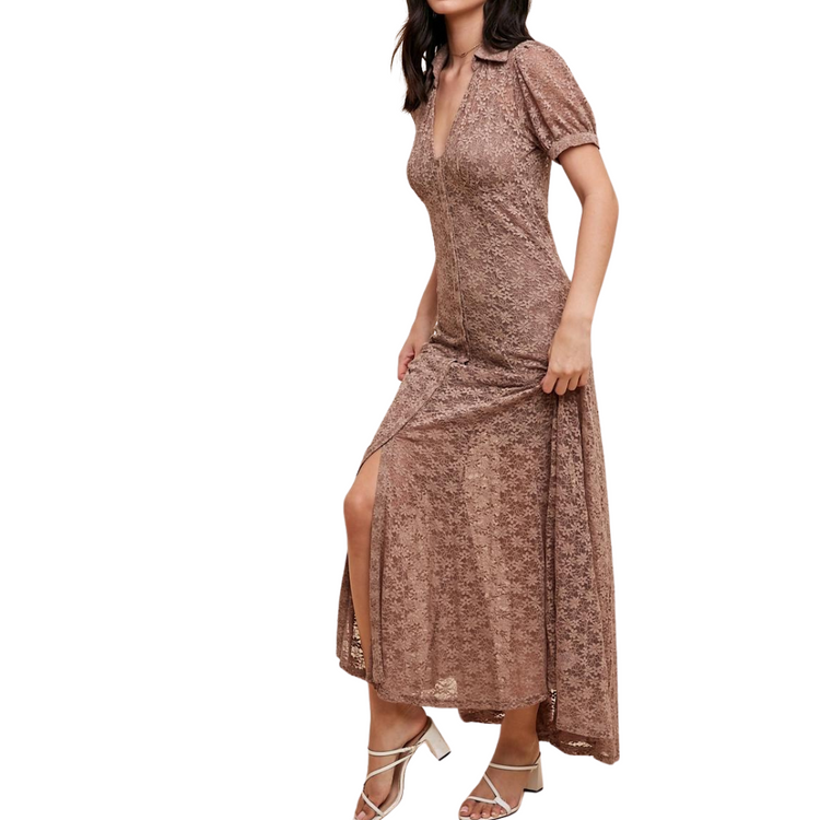 Romantic Vintage Button Down Floral Lace A-Line Long Short Sleeve Dress