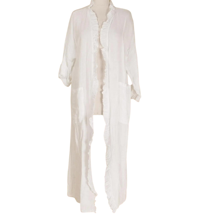 Italian Long White Open Front Cardigan Duster Jacket with Ruffle Trimming