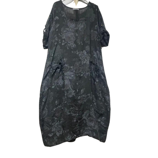 Italian Dark Gray Boho Floral Oversized Dress with Side Pockets