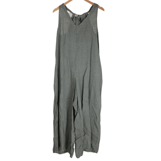 Italian Khaki Green Linen Jumpsuit Romper with Back Neck Tie