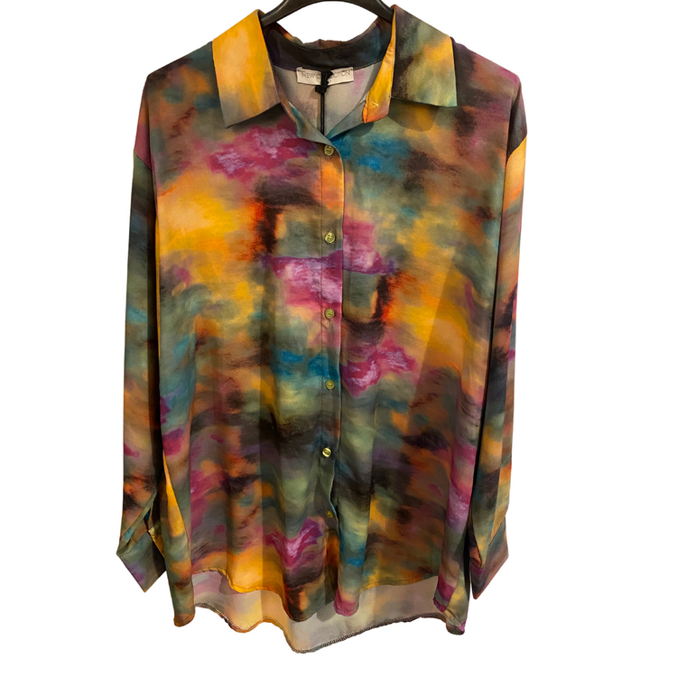 Italian Colorful Abstract Tie Dye Button Front LS Top Blouse