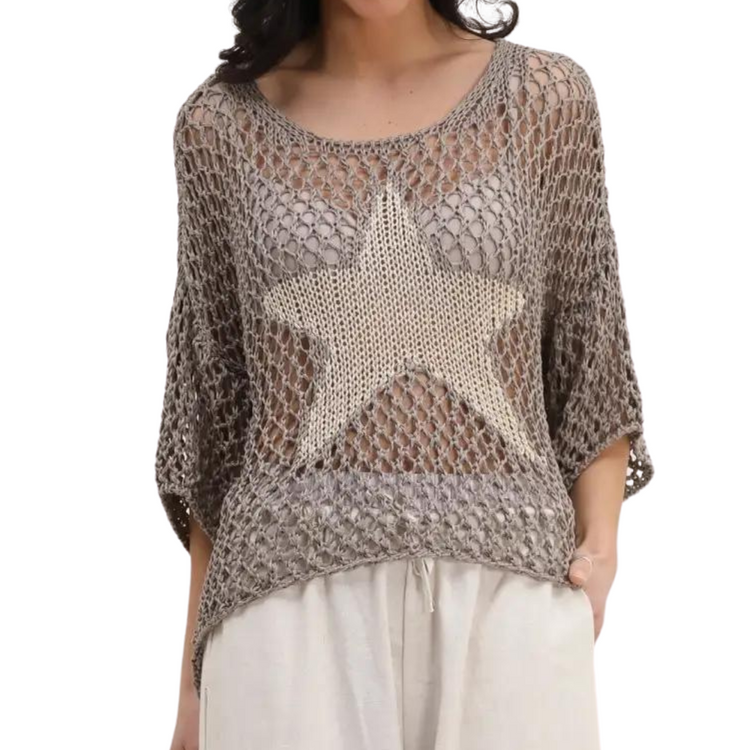 Italian High Low Loose Weave Slouchy Sweater with Gold Metallic Star