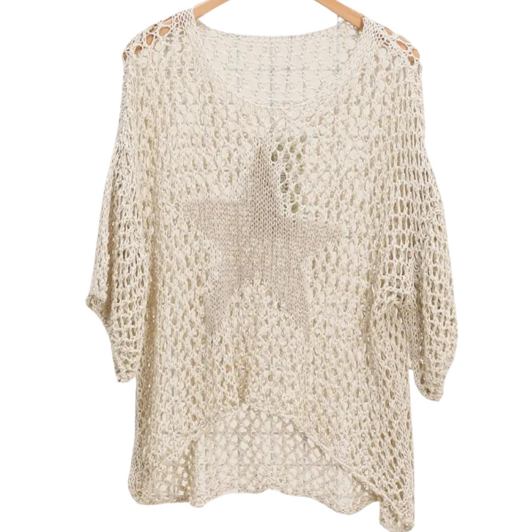 Italian High Low Loose Weave Slouchy Sweater with Gold Metallic Star