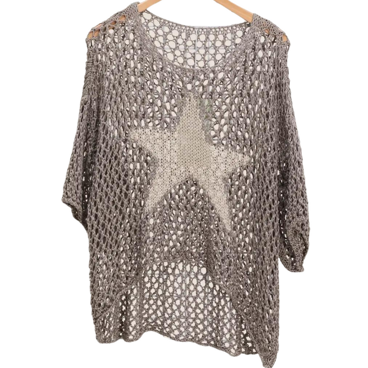 Italian High Low Loose Weave Slouchy Sweater with Gold Metallic Star